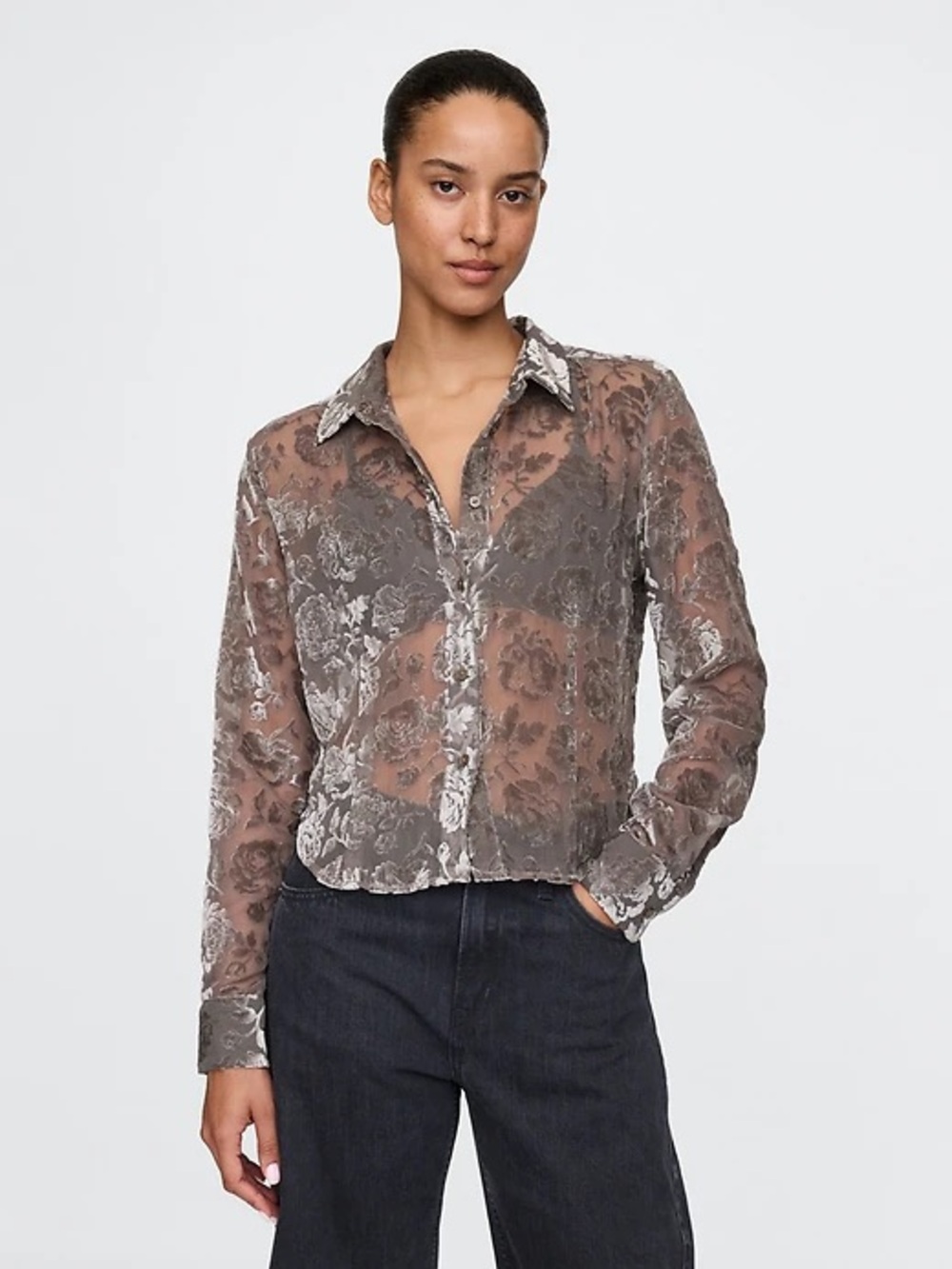 NWT GAP Brown (Gray) Floral Recycled Velvet Crop Button Up Sheer Shirt
